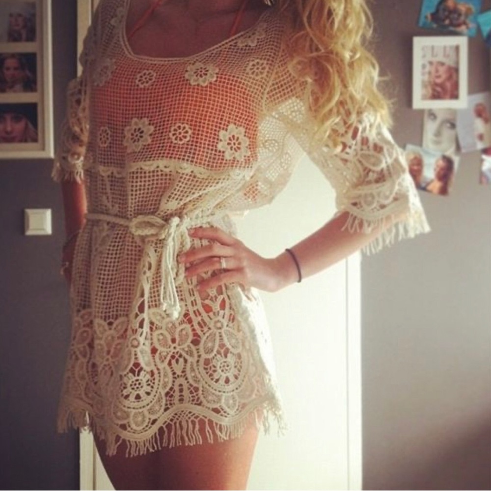 White Bohemian Flowy Swimsuit Cover Up Medium